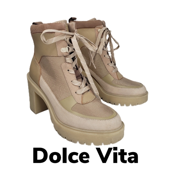 Dolce Vita Collin Dune Leather Nylon Chunky Heel Lace up Combat Boots Sz 9 - Picture 1 of 12